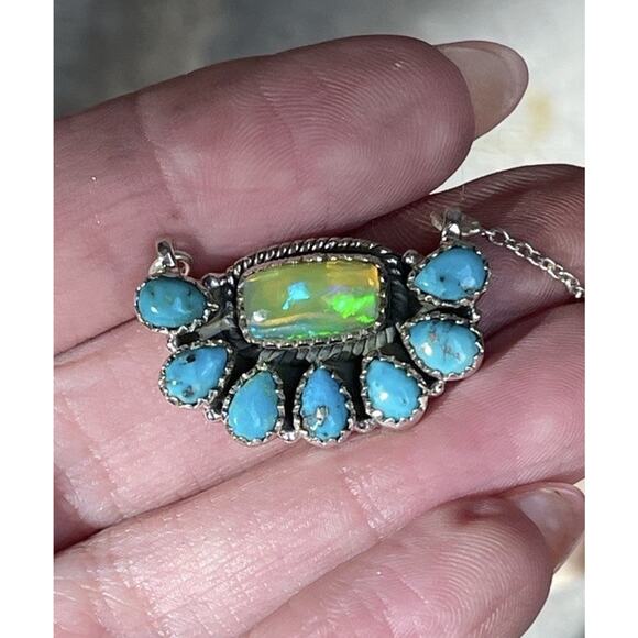 Sterling Silver Turquoise Opal Cluster Necklace 16-18” Southwest Pendant Gift - Picture 1 of 10